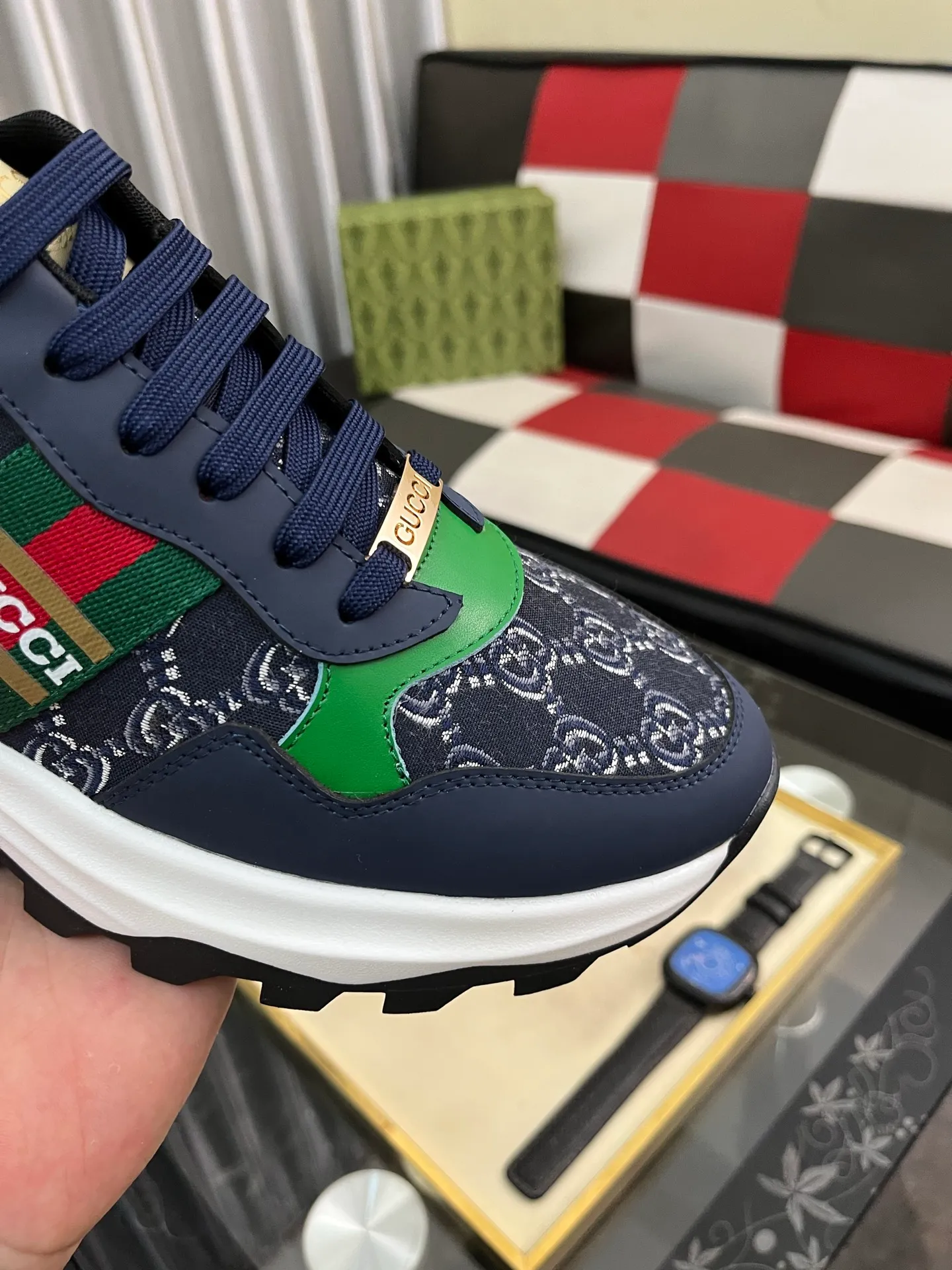 Men's shoes 💰458⌚️⌚️ Gucci •Gucci original quality. ~ Unique modern style sneakers. 🏃A must-have casual shoe for trendy men😍😍 Original brand imported from Italy, imported original leather, sheep lining (refuses to discolor and grind feet) Sole: Original sole provided by the original factory, French lazy style design ⚠️Fit to the feet, original quality attached, super comfortable original sole, code number: 38-444️⃣Colors available